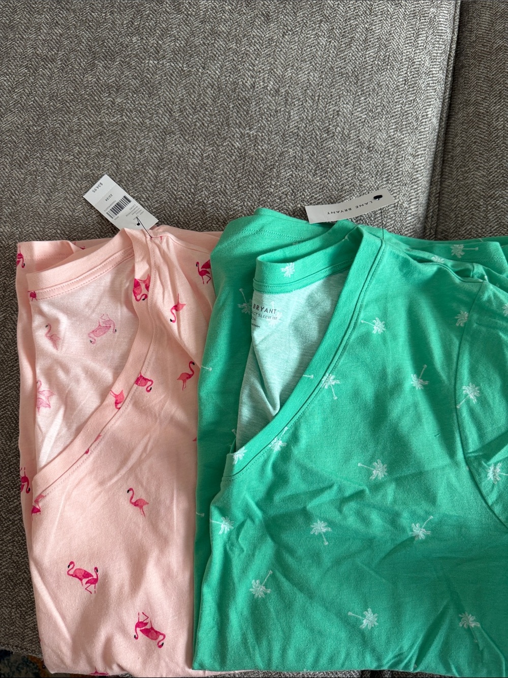 2 NWT tees Lane Bryant Green Tee with White Palms and Pink Tee with flamingos